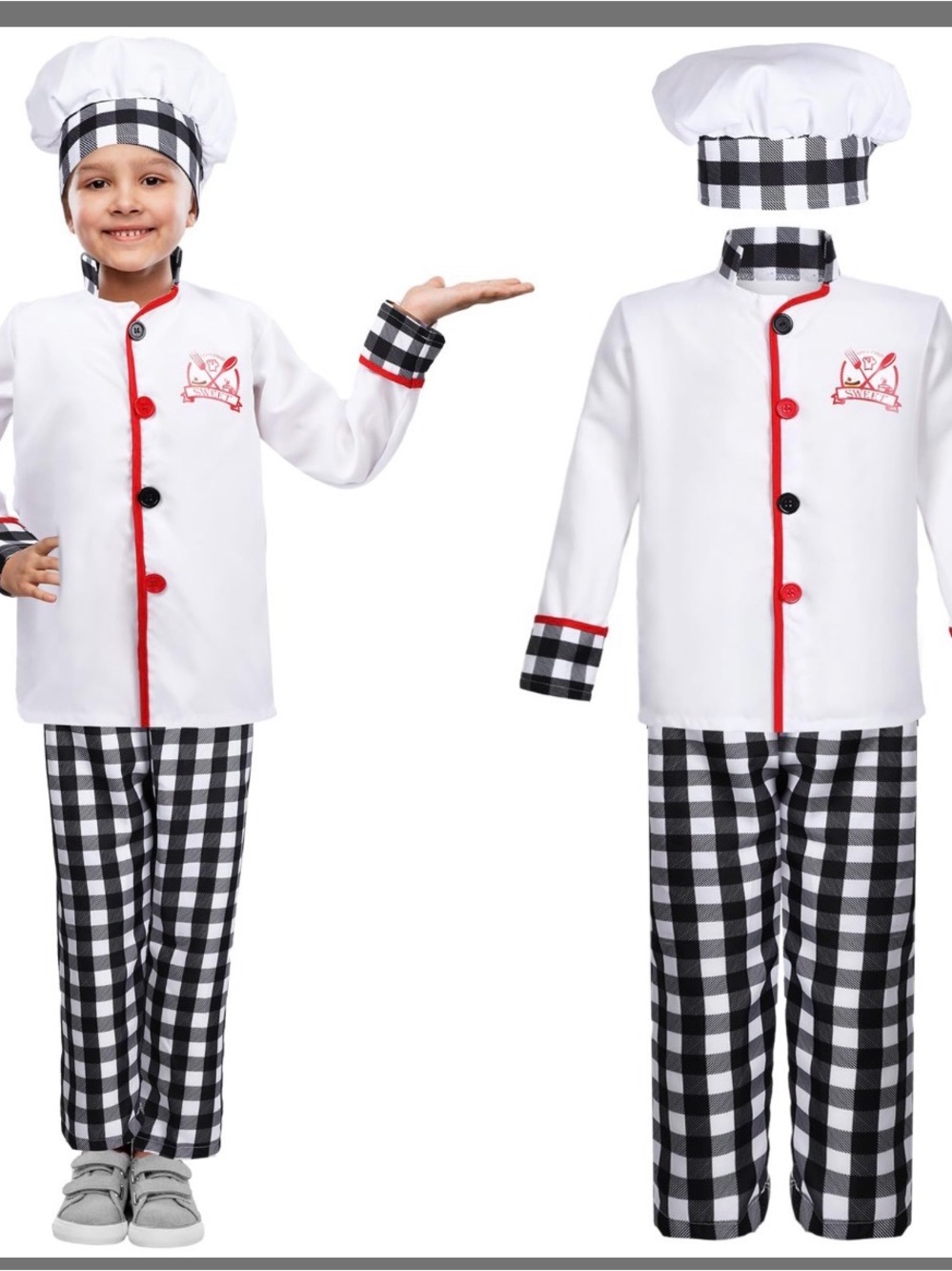 White Chef Jacket with Red Trim and Check Collar used 1x